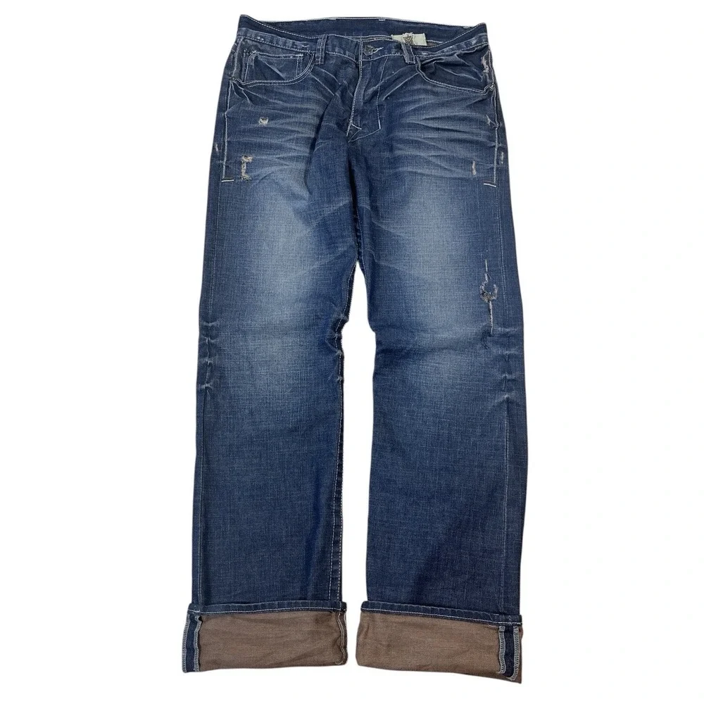 Vintage Monarchy Jeans‎ Mens 36x37 Medium Wash Distressed Denim Whisker Fade Y2K